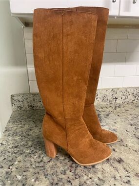Women’s Tall Suede Block Heel Boots in Cognac size 40 woman winter warm